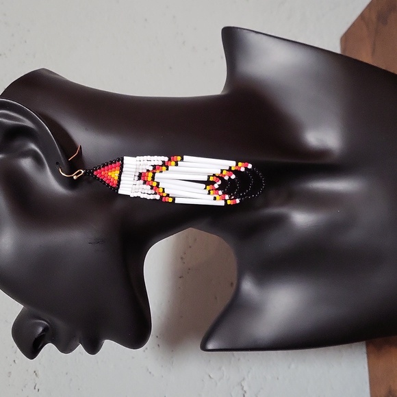 Jewelry - Beaded Earrings -  Red, Orange, Yellow, White seed Beads and 1" Bugle beads